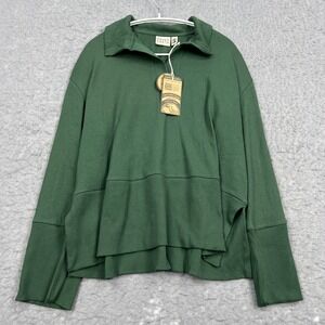 NEW Happy Earth Polo Sweater Women's Large Green Organic Knit Ribbed Pullover